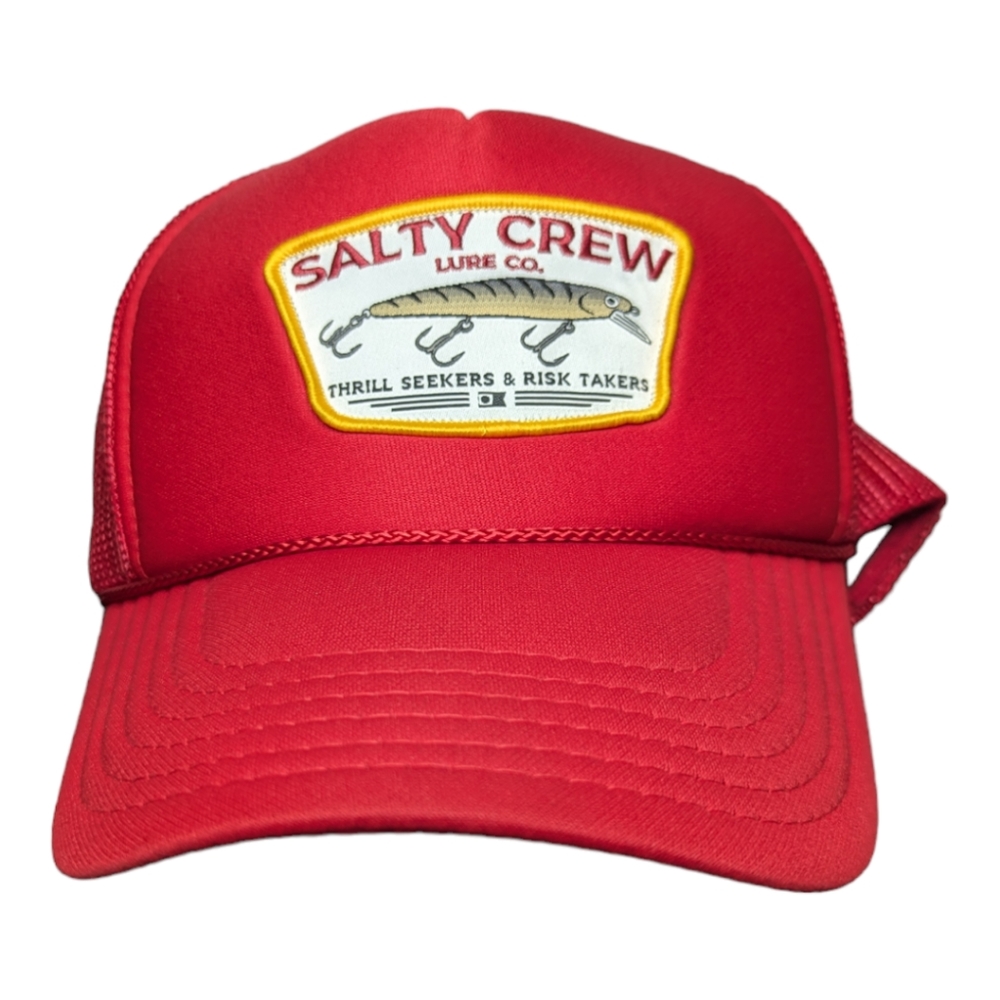 Salty Crew patch red trucker snap back hat.